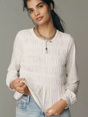 Pilcro Long-Sleeve Smocked Top Anthropologie Pullover Ruffle White XS